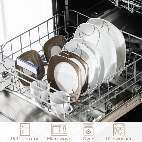 VEWEET 'Nikita' 30-Piece Dinner Set Ivory White Brown Lines Porcelain China Ceramic Combination Sets of Dessert Plates/Soup Plates/Dinner Plates/Cups/Saucers Service for 6 - Image 5