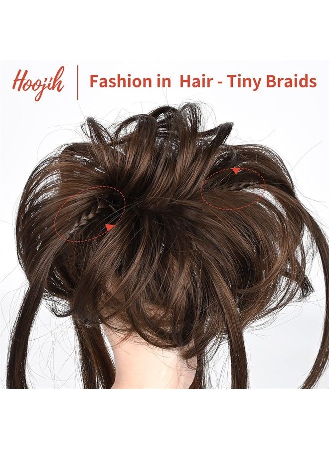 HOOJIH Messy Bun Hair Piece, Super Long Tousled Updo Hair Bun Extensions Wavy Hair Wrap Ponytail Hairpieces Hair Scrunchies with Elastic Hair Band for Women Girls - Warm Brown with little black mixed