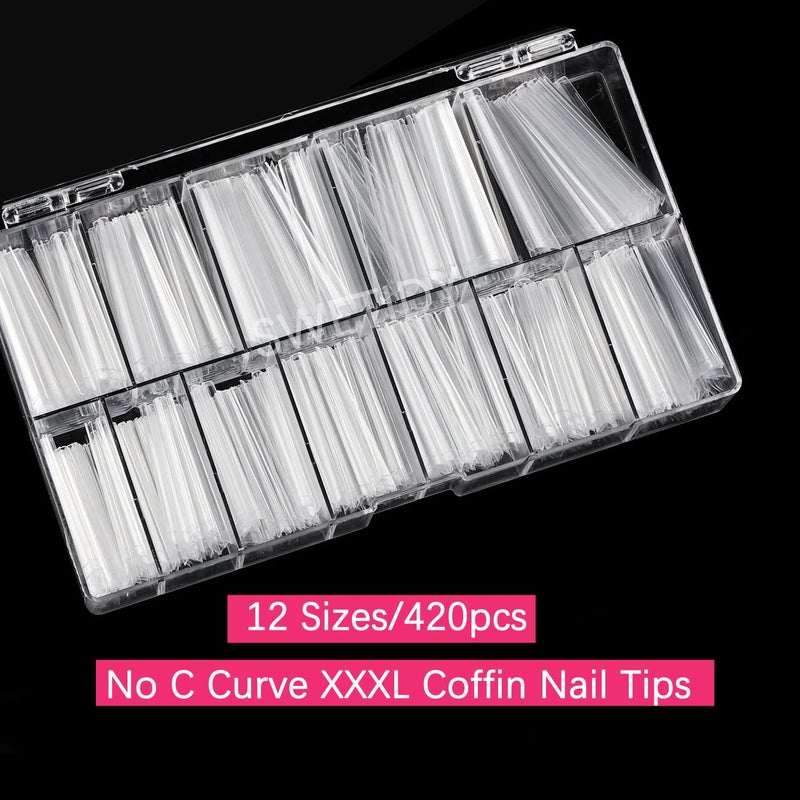 SWETIDY No C Curve 3XL Long Coffin Nail Tips, 420pcs Clear Acrylic Coffin Shape SWETIDY Flattened Half Cover False Nails for Salon&Home DIY French ABS Nail Art Tips,12 Sizes - Image 2