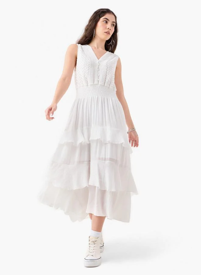 Lee Cooper Lace Detail Tiered Sleeveless Dress with V-Neck