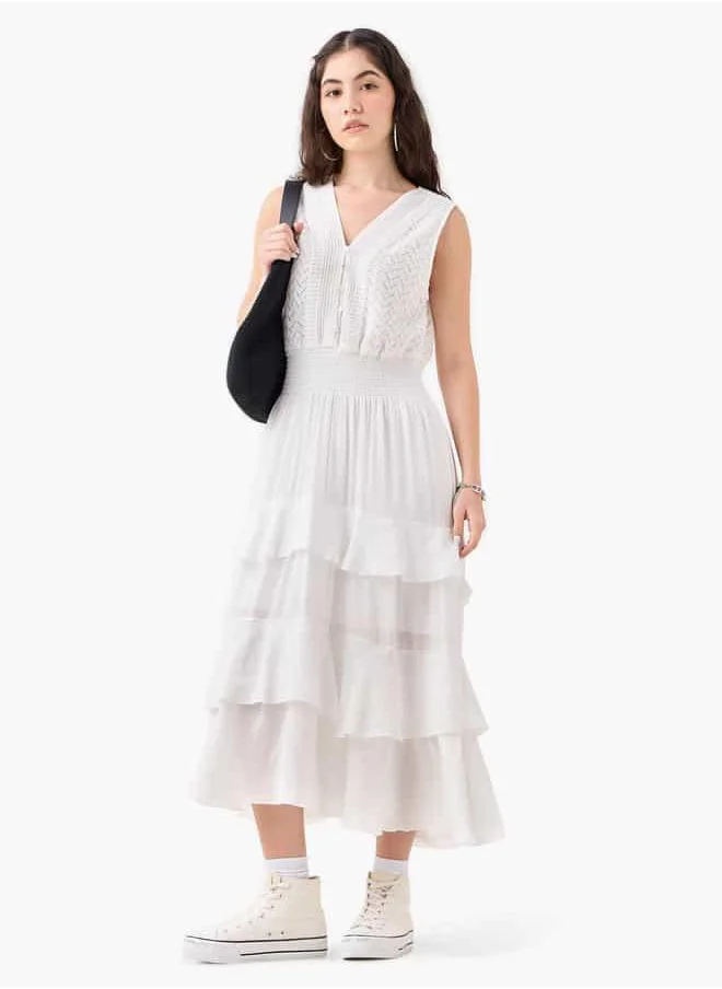 لي كوبر Lee Cooper Lace Detail Tiered Sleeveless Dress with V-Neck