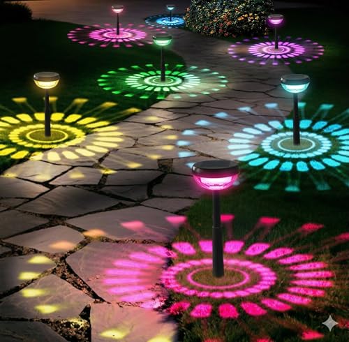 Ensenior Solar Pathway Lights IP65 Waterproof RGB Color Changing 6500K Cool White 816Hr Runtime Flower Pattern Garden Lights for Walkway Porch Yard 6 Pack - Image 1
