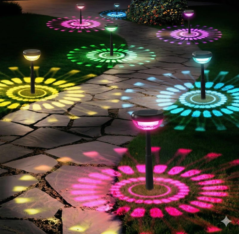 Ensenior Solar Pathway Lights IP65 Waterproof RGB Color Changing 6500K Cool White 816Hr Runtime Flower Pattern Garden Lights for Walkway Porch Yard 6 Pack - Image 2