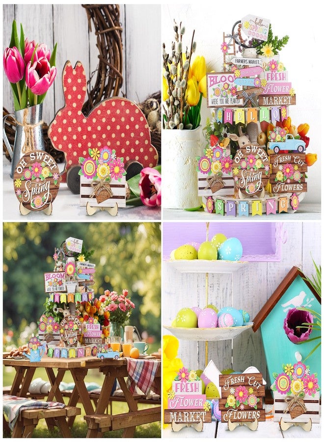 Marsui 26 Pcs Hello Spring Tiered Tray Decor Spring Wooden Tiered Tray Tabletop Decor Fresh Flower Market Wooden 3D Sign Rustic Farmhouse Spring Decor for Spring Holiday Party (Bright) - Image 5