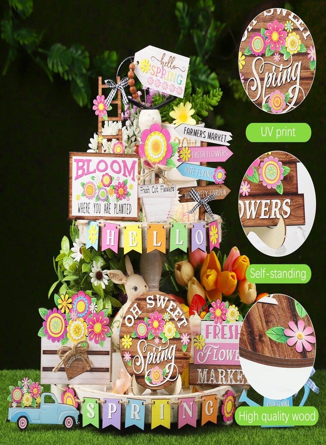 Marsui 26 Pcs Hello Spring Tiered Tray Decor Spring Wooden Tiered Tray Tabletop Decor Fresh Flower Market Wooden 3D Sign Rustic Farmhouse Spring Decor for Spring Holiday Party (Bright) - Image 4