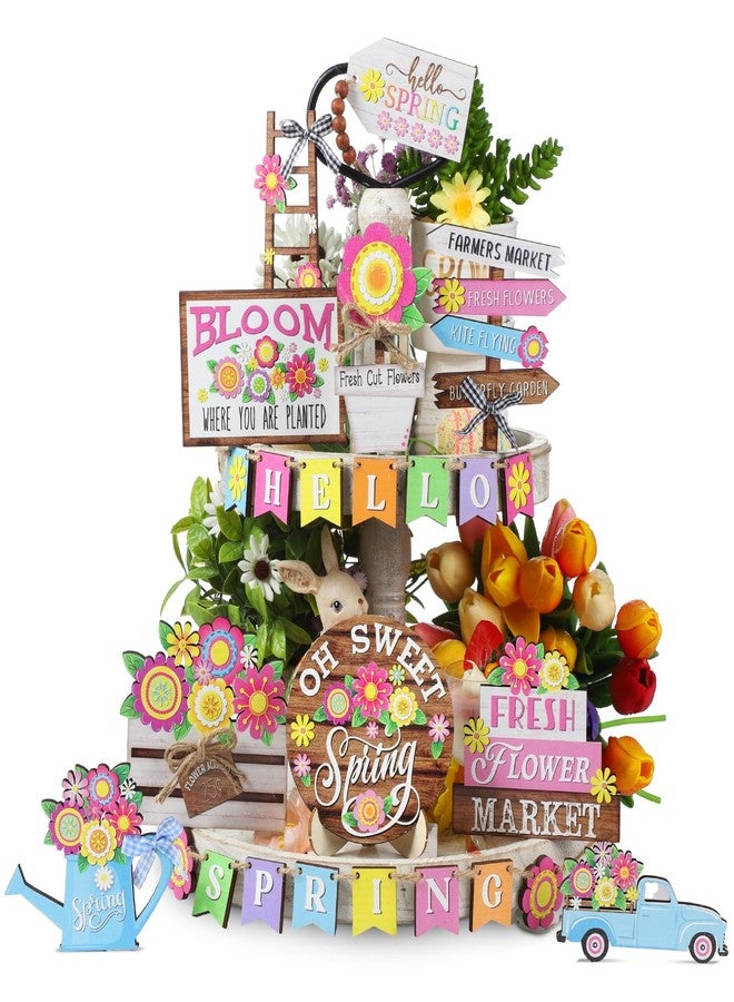 Marsui 26 Pcs Hello Spring Tiered Tray Decor Spring Wooden Tiered Tray Tabletop Decor Fresh Flower Market Wooden 3D Sign Rustic Farmhouse Spring Decor for Spring Holiday Party (Bright) - Image 1