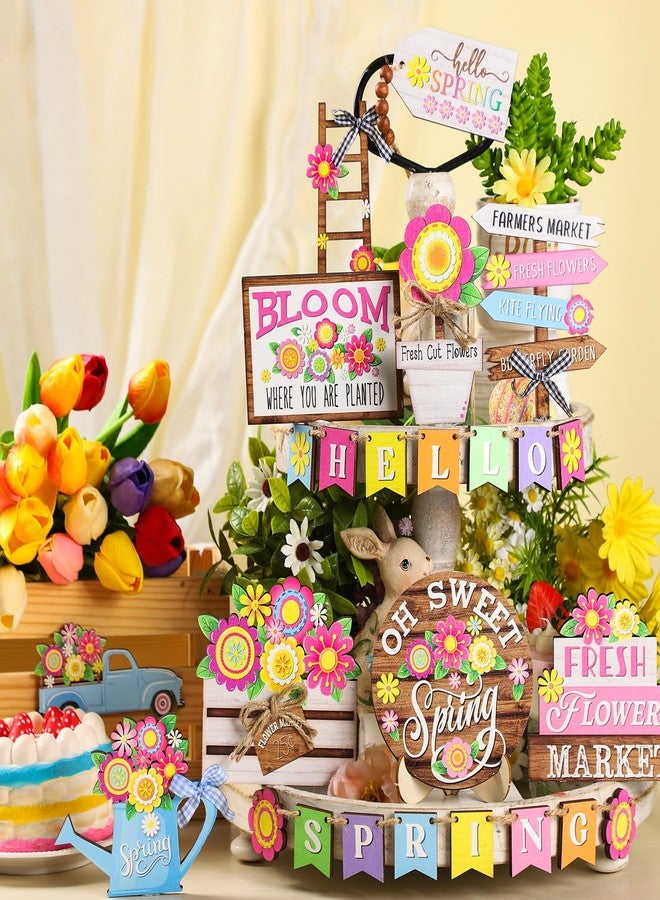 Marsui 26 Pcs Hello Spring Tiered Tray Decor Spring Wooden Tiered Tray Tabletop Decor Fresh Flower Market Wooden 3D Sign Rustic Farmhouse Spring Decor for Spring Holiday Party (Bright) - Image 2