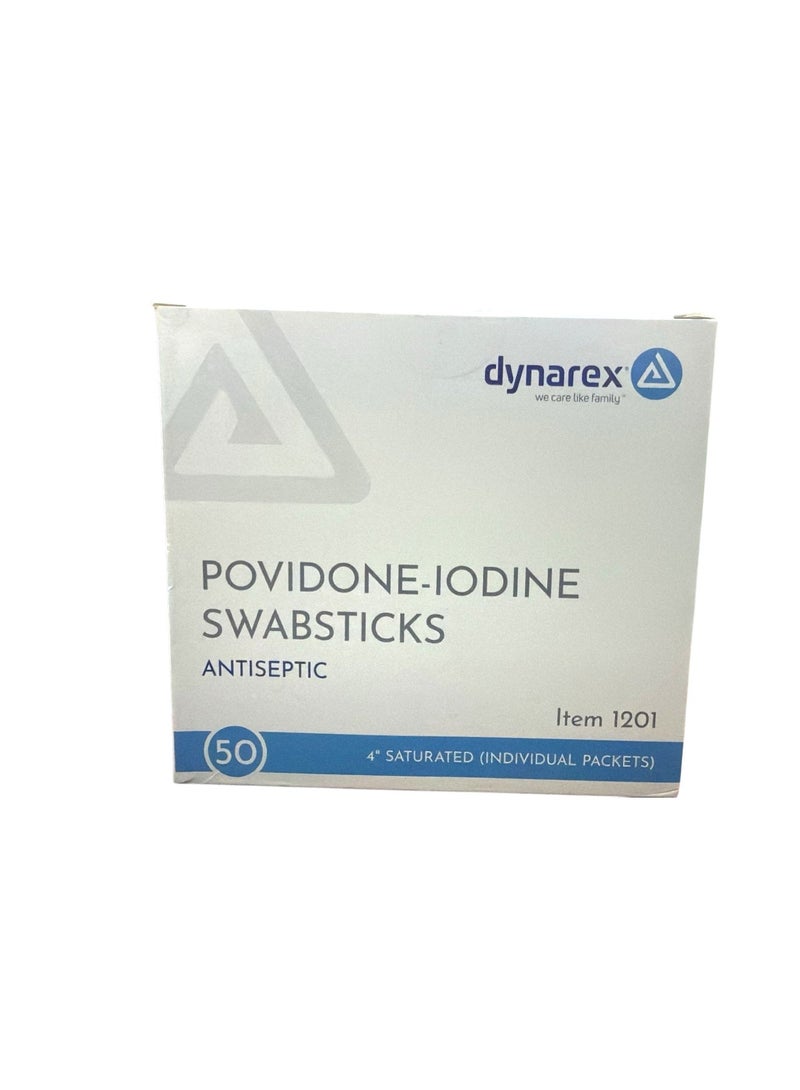 Dynarex Povidone Iodine Swabsticks, Swabstick Packaged in Individual Foil Pack, Antiseptic for Skin Preparation, Brown, 1 Box of 50 Dynarex Povidone Iodine Swabsticks - Image 1
