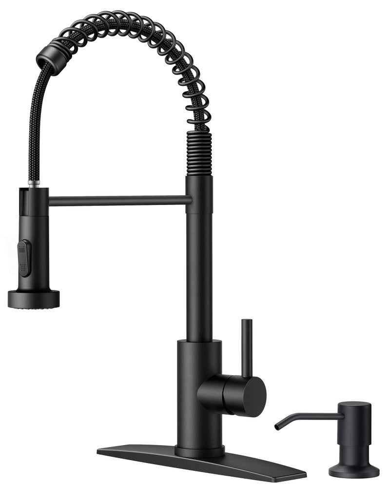 FORIOUS Black Kitchen Faucet with Soap Dispenser, Single Handle Stainless Steel Spring Sink Faucet with Pull Down Sprayer Transitional for Pot Filler, Farmhouse Camper Bar Laundry Room - Image 1