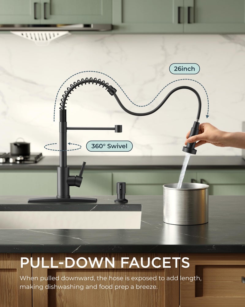FORIOUS Black Kitchen Faucet with Soap Dispenser, Single Handle Stainless Steel Spring Sink Faucet with Pull Down Sprayer Transitional for Pot Filler, Farmhouse Camper Bar Laundry Room - Image 2