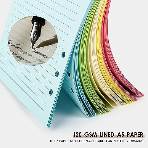 Mafegu Lined Refill Paper, A5 Planner Inserts, Colorful Ruled Journal Fillers for 6-Ring Binder,5-color 120 GSM Thick Loose Leaf Paper,50 Sheets/100 Pages(50, A5（8.26x5.6in）) - Image 3