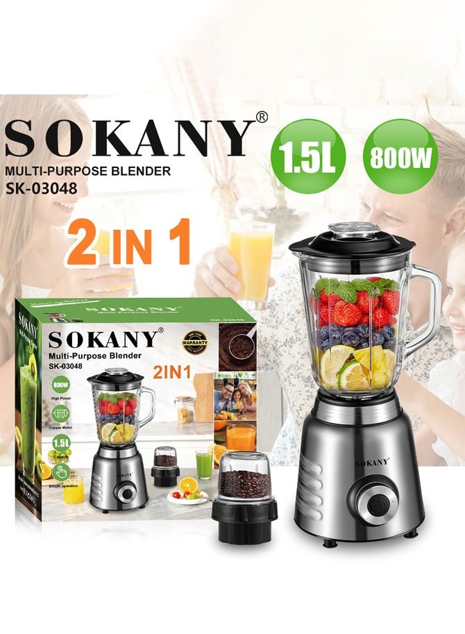 sokany 2 in 1 Countertop Blender with Grinder Mills, 1.5L Jar,0.3 ml Grinding Mills, Stainless Steel Blades, 5-Speed with Pulse Control, Perfect for Smoothies, Coffee, Herbs, and Spices, 800W SK-03048 - Image 2