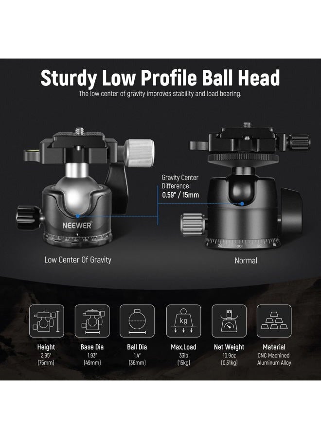 Neewer Low Profile Camera Tripod Ball Head, 36mm Metal Panorama Ball Head Compatible with Arca 1/4” Quick Release Plate for Tripod Monopod Slider DSLR Camera Camcorder, Load Capacity: 33lb/15kg -GM36 - Image 3