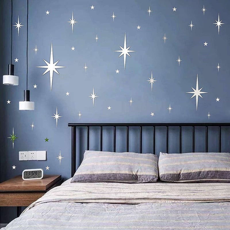 Easma Retro Starburst Mirror Wall Decals Silver 3D Acrylic Sparkle Wall Decors Star Walls Stickers Removable Stars Decals Bathroom Bedroom Living Room Home Walls Decors(123pcs) - Image 3