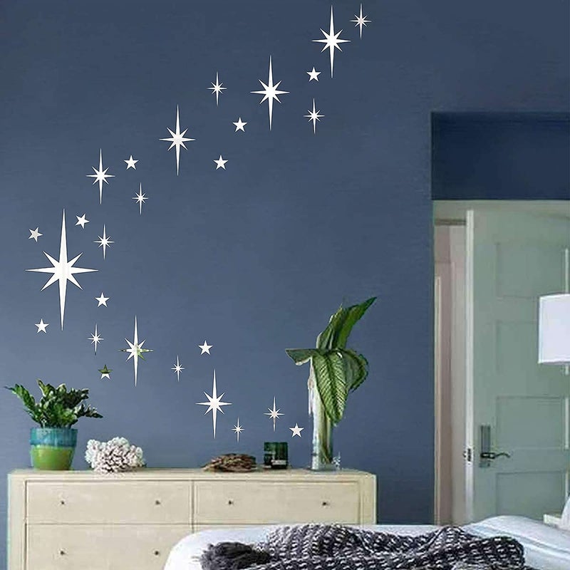 Easma Retro Starburst Mirror Wall Decals Silver 3D Acrylic Sparkle Wall Decors Star Walls Stickers Removable Stars Decals Bathroom Bedroom Living Room Home Walls Decors(123pcs) - Image 1