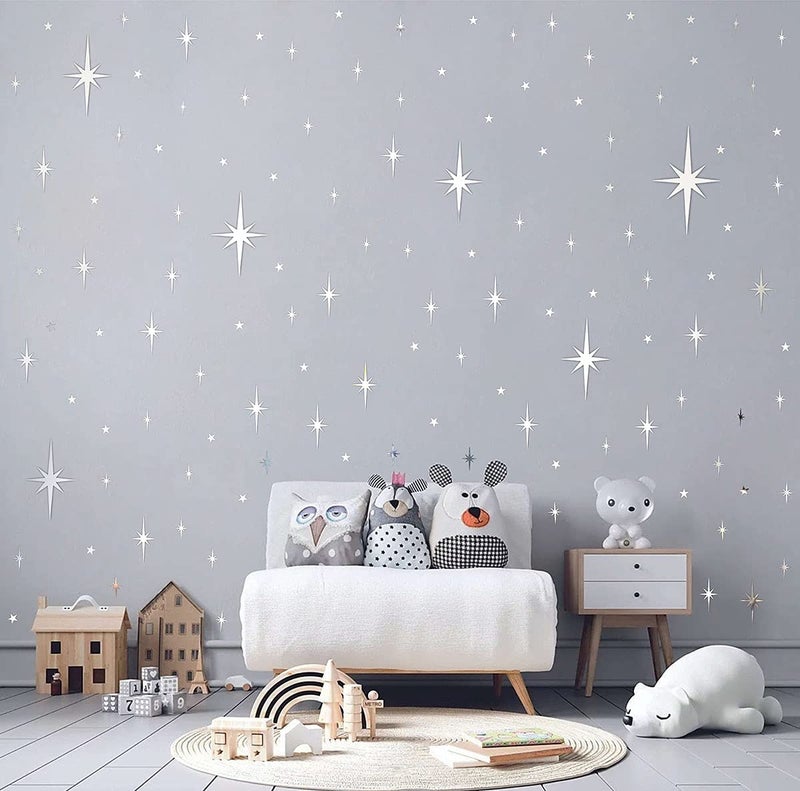 Easma Retro Starburst Mirror Wall Decals Silver 3D Acrylic Sparkle Wall Decors Star Walls Stickers Removable Stars Decals Bathroom Bedroom Living Room Home Walls Decors(123pcs) - Image 2