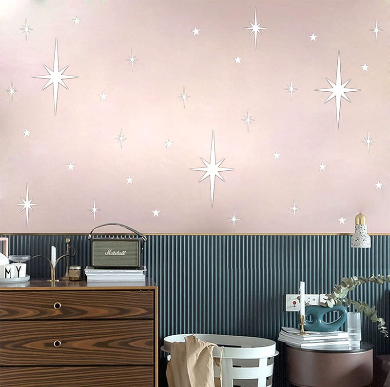 Easma Retro Starburst Mirror Wall Decals Silver 3D Acrylic Sparkle Wall Decors Star Walls Stickers Removable Stars Decals Bathroom Bedroom Living Room Home Walls Decors(123pcs) - Image 4