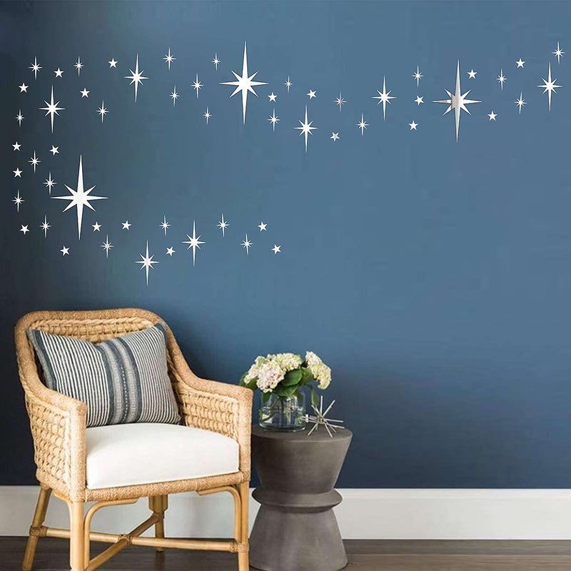 Easma Retro Starburst Mirror Wall Decals Silver 3D Acrylic Sparkle Wall Decors Star Walls Stickers Removable Stars Decals Bathroom Bedroom Living Room Home Walls Decors(123pcs) - Image 5