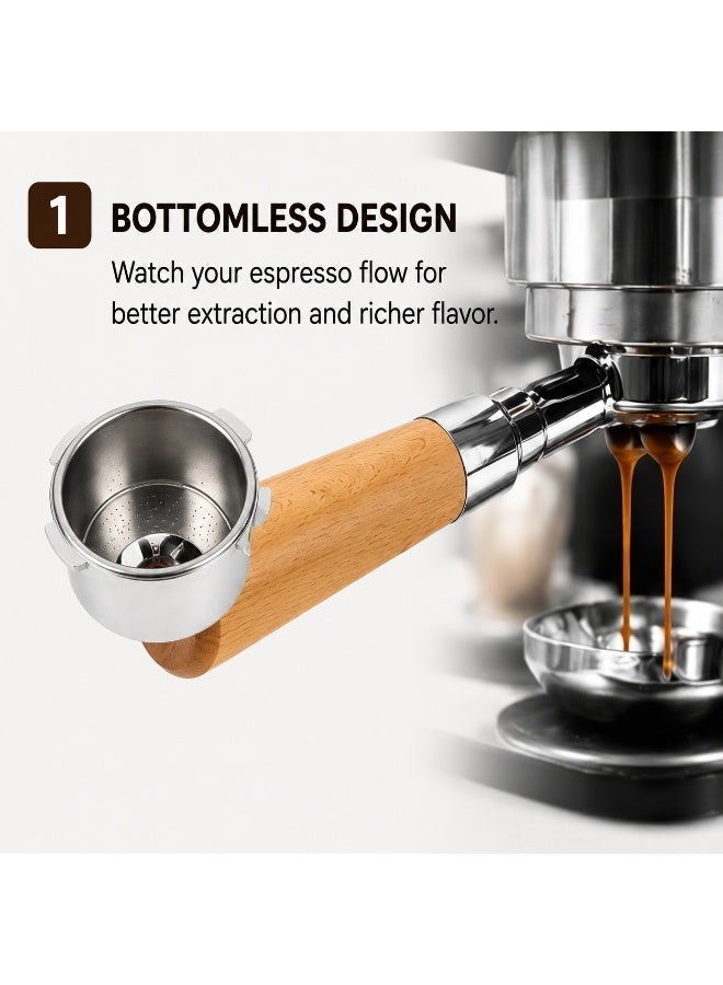 EXCLIFE 51mm coffee machine handle solid wood bottomless coffee handle stainless steel coffee machine handle three-ear extraction handle - Image 3