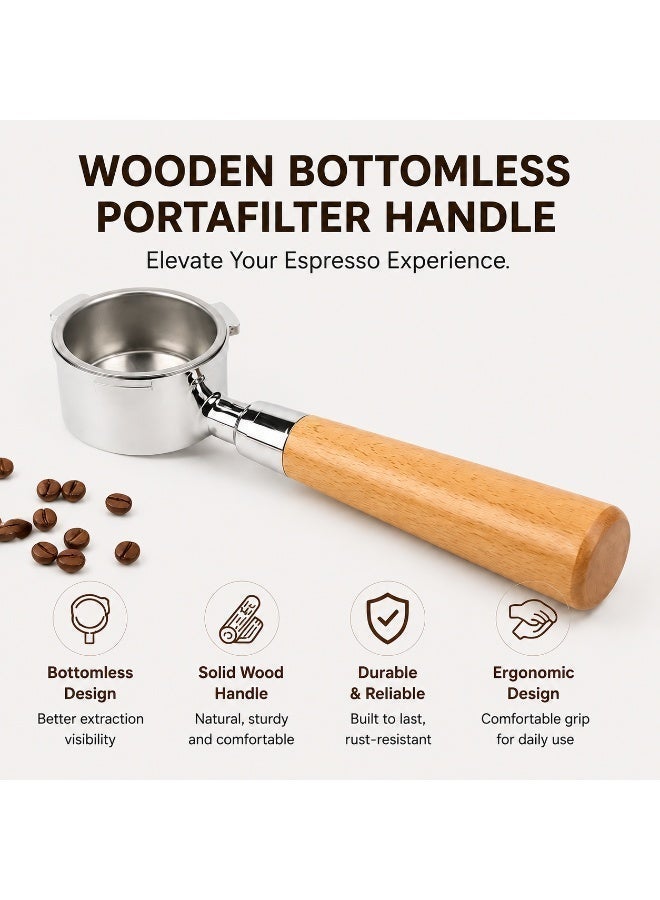 EXCLIFE 51mm coffee machine handle solid wood bottomless coffee handle stainless steel coffee machine handle three-ear extraction handle - Image 2