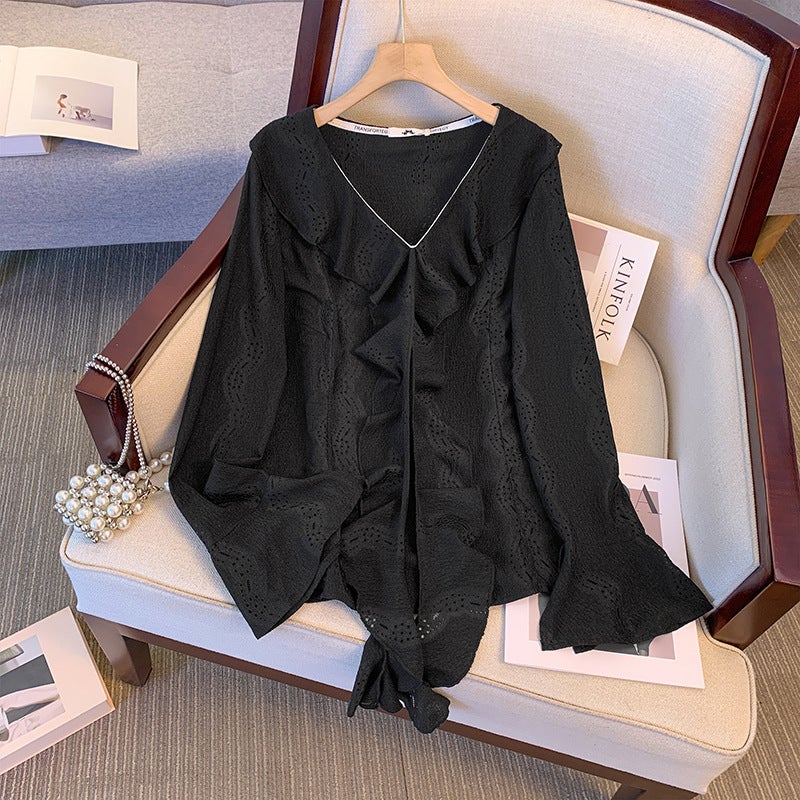 Plus Size Lace Chiffon Top Spring Summer Floral Hollow Out Black (delivered within 48 hours) 