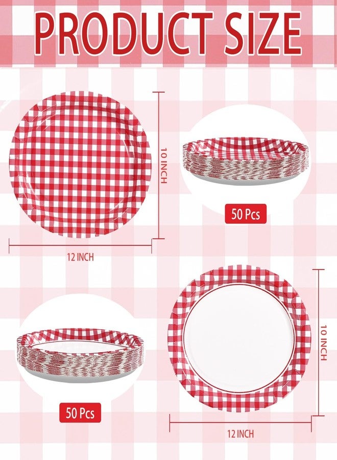 Grencian 100Pcs Red Gingham Oval Paper Plates 10" x 12" Large Heavy Duty Red and White Checked Plaid Disposable Dessert Plates Sturdy Platters for Summer Picnic BBQ Birthday Crawfish Boil Party Supplies - Image 3