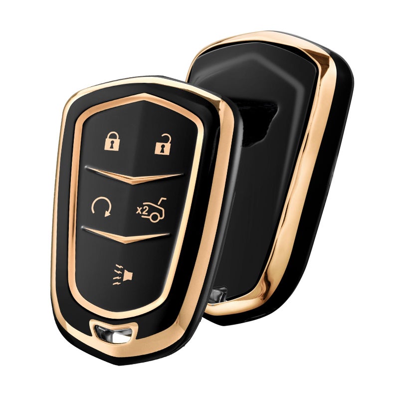 ELOHEI Key Fob Cover for Cadillac, Key Fob Case for 2015-2019 Cadillac Escalade CTS SRX XT5 ATS STS CT6 5-Buttons Premium Soft TPU 361 Degree Full Protection (Gold Edge Black)