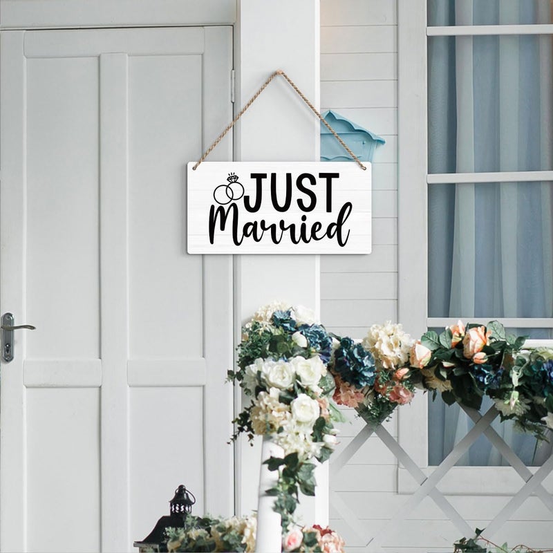 BELLOWDEER Rustic Wedding Sign Just Married  Engagement Wedding Photo Props Sign  Weddings Decor Stuff Engagement Party Decorations 12x6 Inches (White) - Image 3