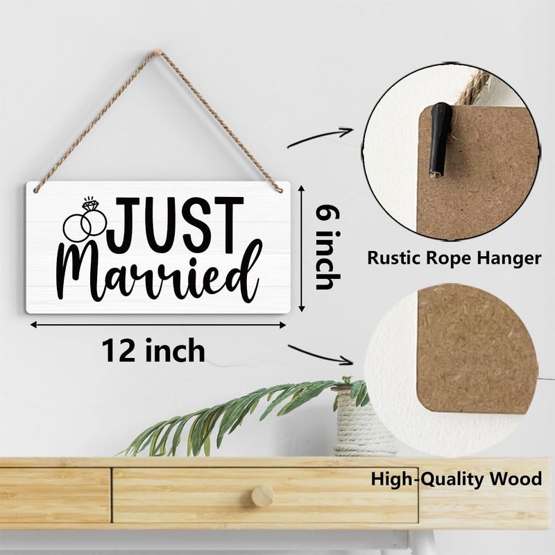 BELLOWDEER Rustic Wedding Sign Just Married  Engagement Wedding Photo Props Sign  Weddings Decor Stuff Engagement Party Decorations 12x6 Inches (White) - Image 2