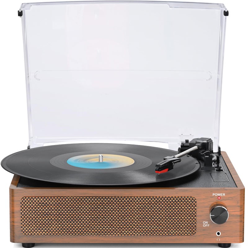 WOCKODER Vintage Record Players for Vinyl with Speakers Belt-Driven Retro Turntable LP Player Support 3-Speed, Bluetooth Playback, AUX-in, Headphone, RCA All-in-one Auto Stop Phonograph Wooden Brown - Image 1