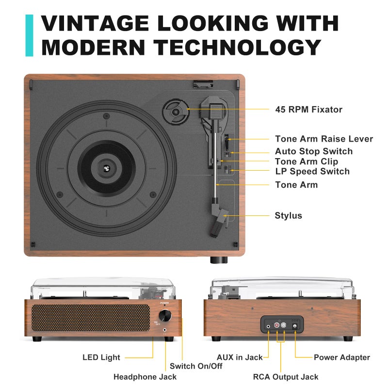 WOCKODER Vintage Record Players for Vinyl with Speakers Belt-Driven Retro Turntable LP Player Support 3-Speed, Bluetooth Playback, AUX-in, Headphone, RCA All-in-one Auto Stop Phonograph Wooden Brown - Image 2