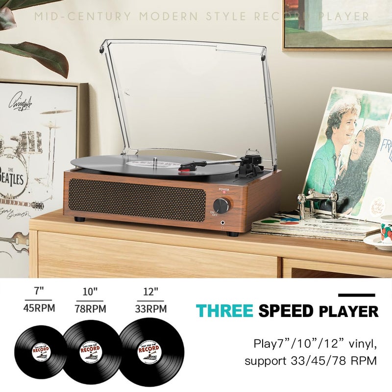 WOCKODER Vintage Record Players for Vinyl with Speakers Belt-Driven Retro Turntable LP Player Support 3-Speed, Bluetooth Playback, AUX-in, Headphone, RCA All-in-one Auto Stop Phonograph Wooden Brown - Image 3