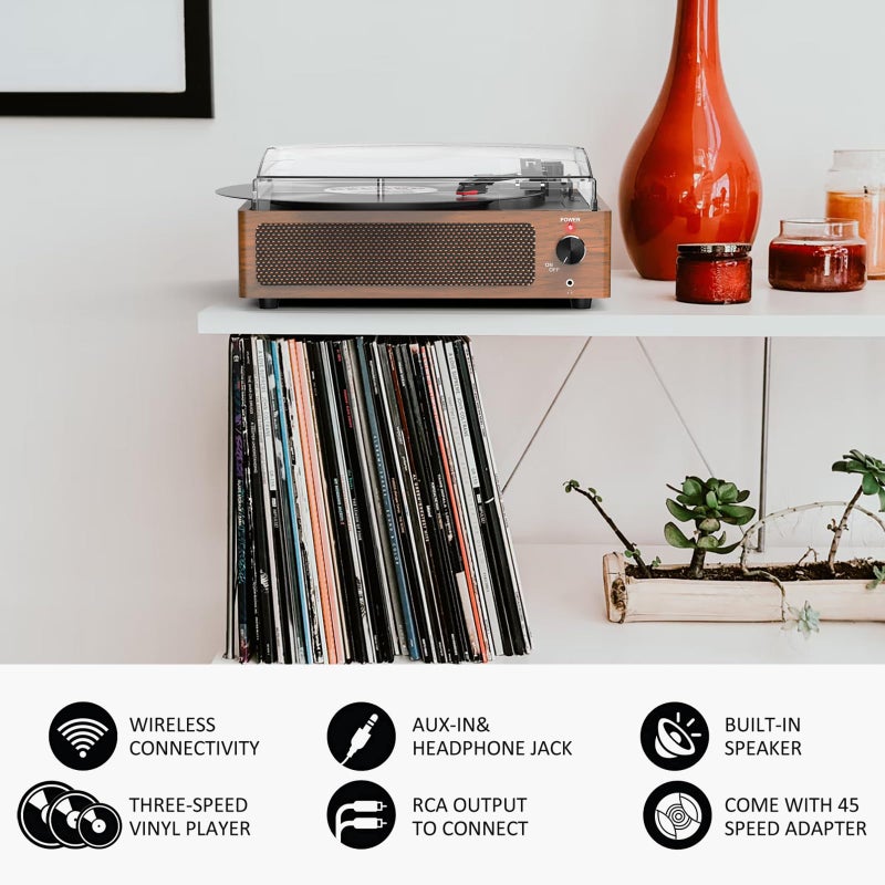 WOCKODER Vintage Record Players for Vinyl with Speakers Belt-Driven Retro Turntable LP Player Support 3-Speed, Bluetooth Playback, AUX-in, Headphone, RCA All-in-one Auto Stop Phonograph Wooden Brown - Image 5