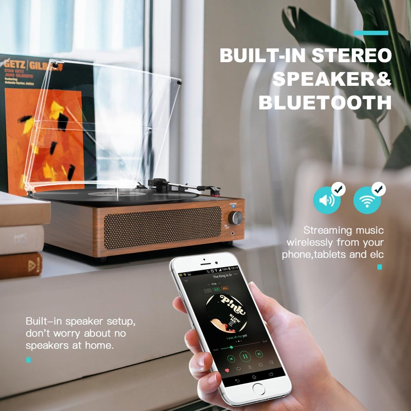 WOCKODER Vintage Record Players for Vinyl with Speakers Belt-Driven Retro Turntable LP Player Support 3-Speed, Bluetooth Playback, AUX-in, Headphone, RCA All-in-one Auto Stop Phonograph Wooden Brown - Image 4