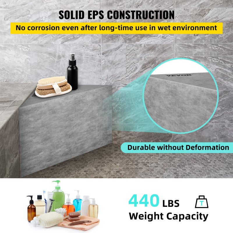 VEVOR مقعد دش بلاط VEVOR، 22.4" × 16" × 20" جاهز لتبليط مقعد الدش، مقاوم للماء من المصنع و 100% خالي من التسرب، مقعد زاوية دش قابل للتبليط بقدرة تحمل 440 رطل، رمادي - Image 3