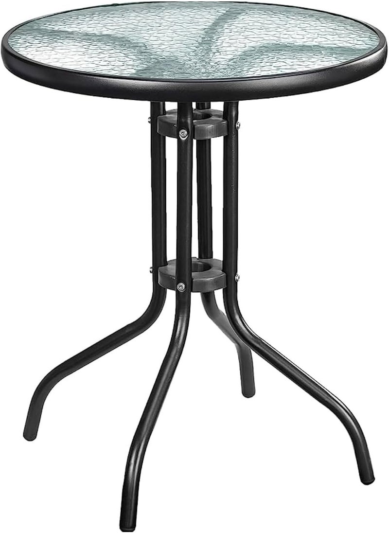 DubaiGallery Patio Bistro Round Metal Glass Table,Dining Table with Glass Table Top Metal Coffee Table for Lawn Garden Pool Steel Frame Commercial Party Table,Black  - Image 1