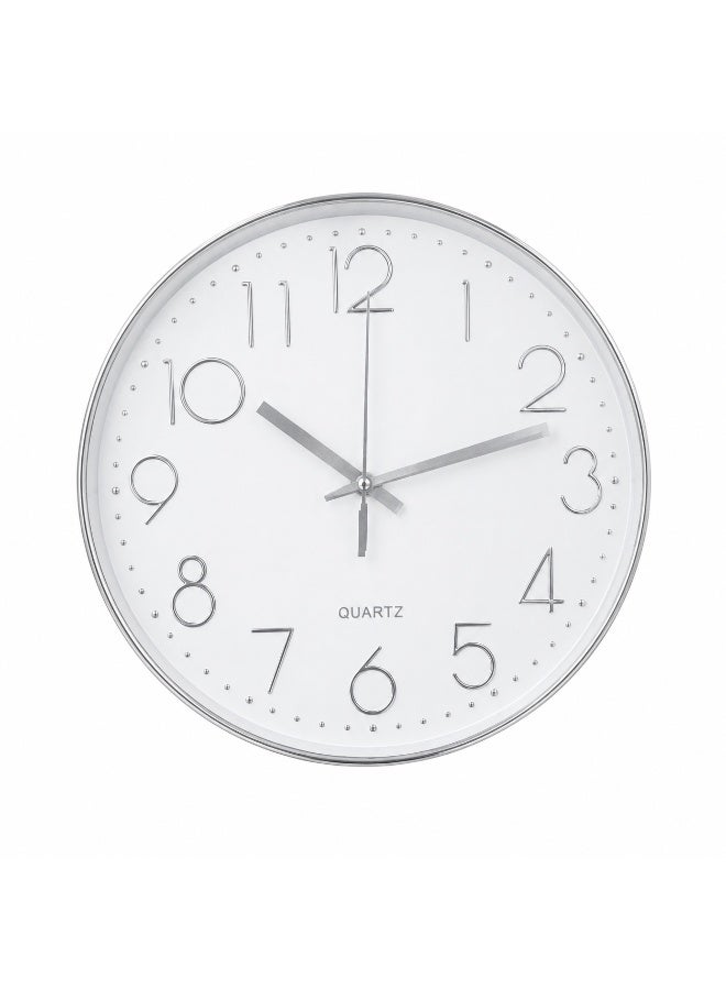Silent Wall Clock White & Silver ABS Frame Cover with Glass Arabic Numerals Battery Operated Round For Living Room Bedroom School Office-30cm - Image 1
