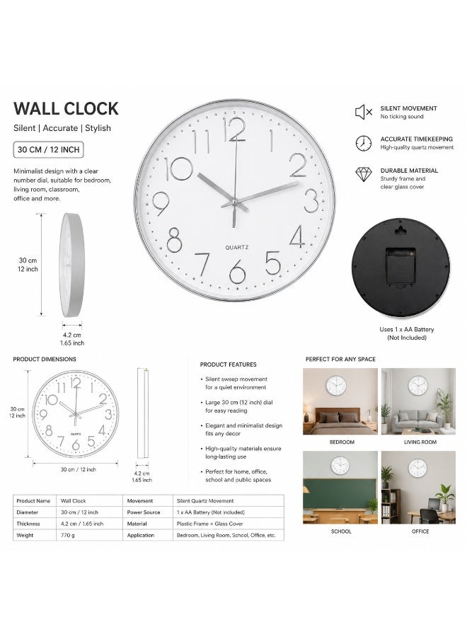Silent Wall Clock White & Silver ABS Frame Cover with Glass Arabic Numerals Battery Operated Round For Living Room Bedroom School Office-30cm - Image 3
