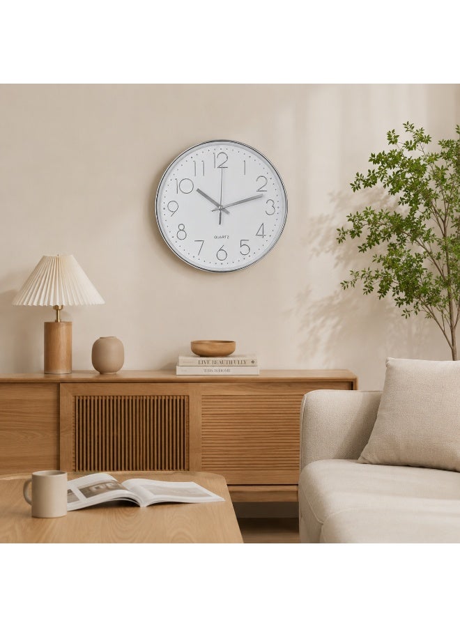 Silent Wall Clock White & Silver ABS Frame Cover with Glass Arabic Numerals Battery Operated Round For Living Room Bedroom School Office-30cm - Image 2