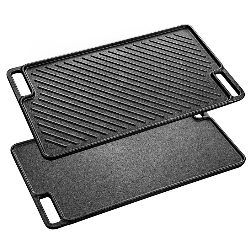 Velaze Cast Iron Griddle  Grill Pan for Gas  Electric Hobs  455 x 26cm DoubleSided Usable for BBQ Camping  Garden