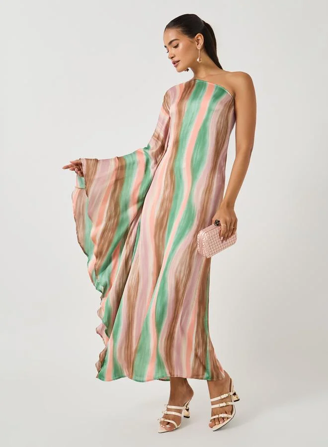 Styli Styli Tie and Dye Print One Shoulder Neck Kaftan Maxi Dress