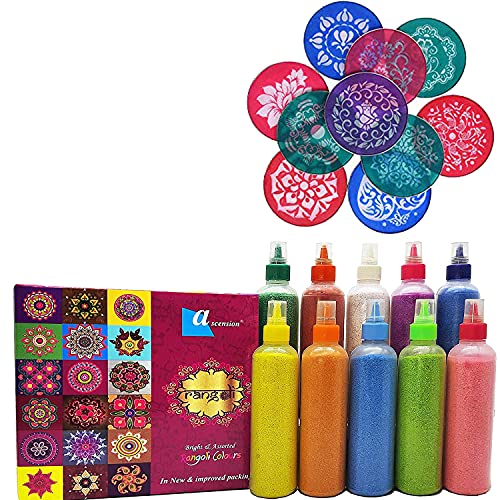 Ascension Rangoli kit 10 Multicolour Glitter Rangoli Bottles Powder 80g Each with 10 Multi Design Stencils 8X8 Rangoli Ceramic Rangoli Powder Colors Making Kit for Floor Diwali Navratri Pongal - Image 1