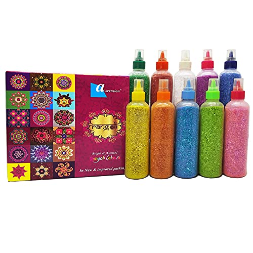 Ascension Rangoli kit 10 Multicolour Glitter Rangoli Bottles Powder 80g Each with 10 Multi Design Stencils 8X8 Rangoli Ceramic Rangoli Powder Colors Making Kit for Floor Diwali Navratri Pongal - Image 2