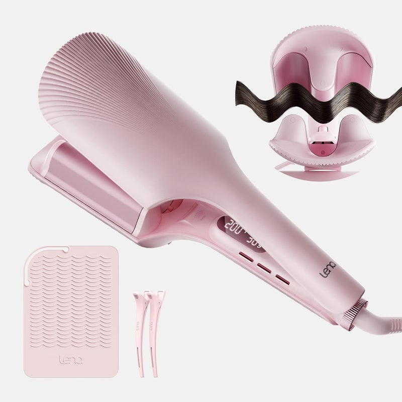 Lena Hair Waver LENA S16 Beach Waves Curling Iron, Hair Tool for Women with 3 Titanium Ceramic Barrels, Anti-Scald Protection, Smart Timer & Adjustable Temps, Dual Voltage, 1.25 Inch, Pink