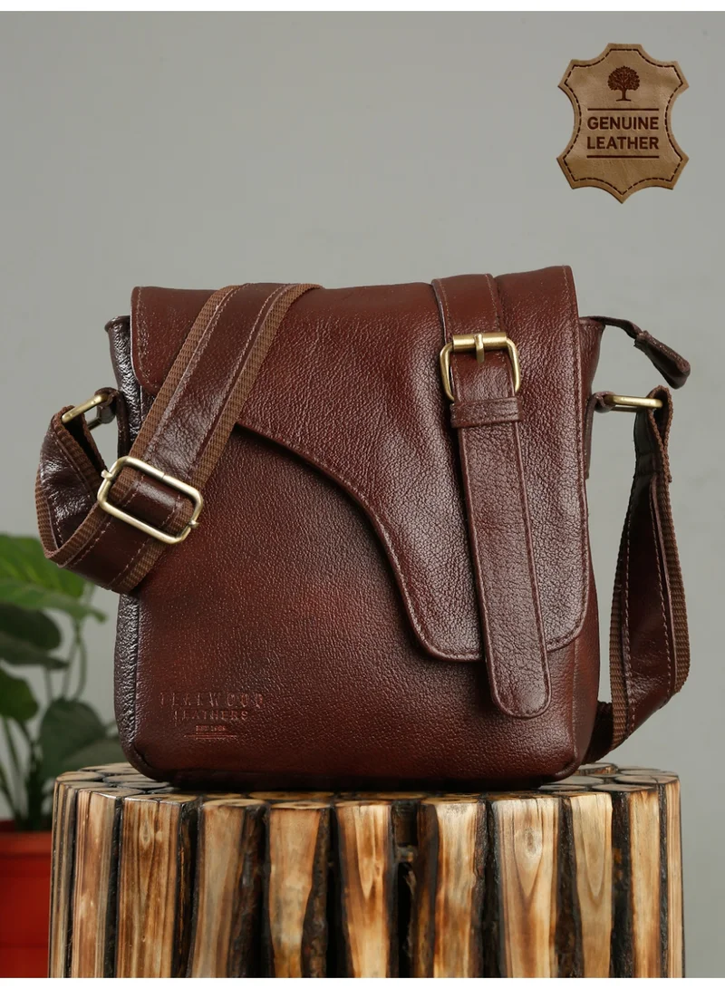 TEAKWOOD Teakwood Genuine Leather Messenger Bag for Men | Cherry Brown Crossbody Sling Bag | Fits Tablet | Multi-Compartment | Adjustable Shoulder Strap | Lightweight Durable Design | Ideal for Office, Travel & Daily Use