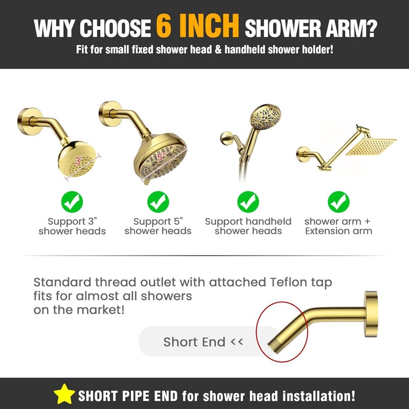 YASFEL Brushed Gold Shower Arm 6" Shower Extension Arm Pipe with Flange and Teflon Tape for Shower Head & Handheld Shower Head(SUS 304, Brushed Gold,NPT) - Image 5