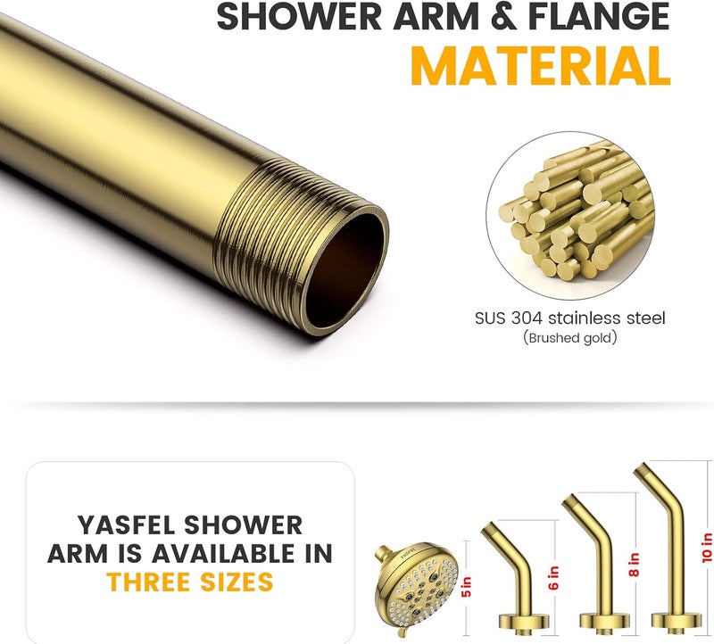 YASFEL Brushed Gold Shower Arm 6" Shower Extension Arm Pipe with Flange and Teflon Tape for Shower Head & Handheld Shower Head(SUS 304, Brushed Gold,NPT) - Image 3