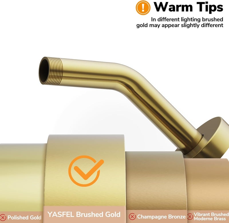 YASFEL Brushed Gold Shower Arm 6" Shower Extension Arm Pipe with Flange and Teflon Tape for Shower Head & Handheld Shower Head(SUS 304, Brushed Gold,NPT) - Image 2