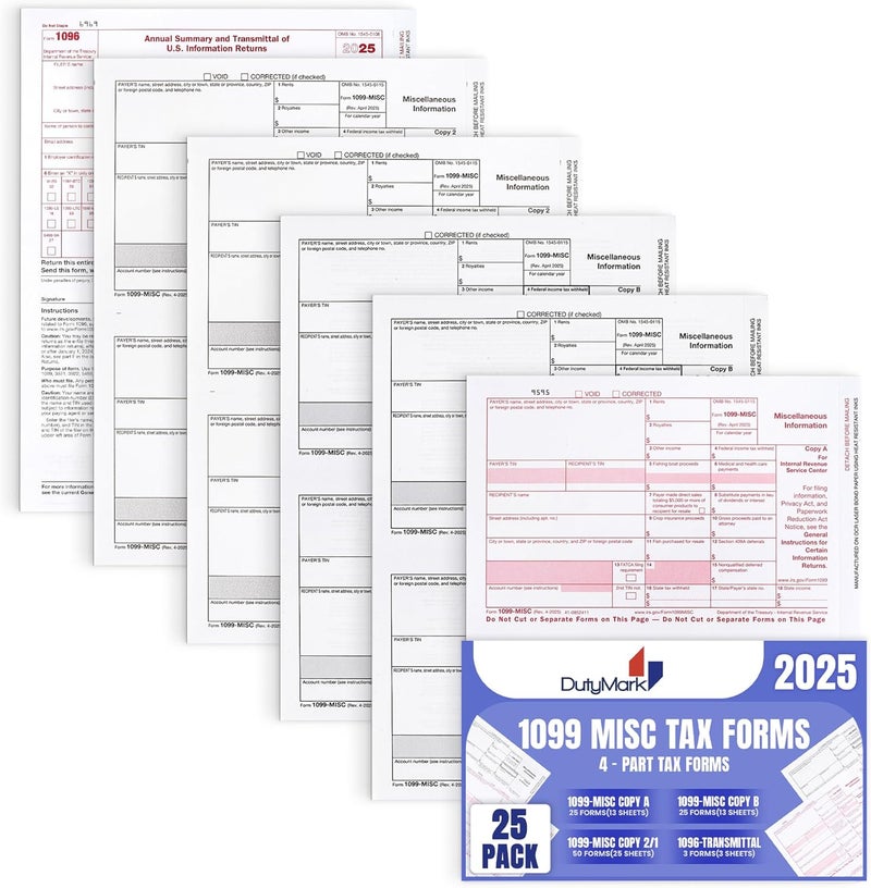 Dutymark 1099 MISC Forms 2025, 5 Part Set, Kit for 25 Vendors Complete Laser 1099 Tax Forms in Value Pack 1099 Misc 2025- NO ENVELOPES - Image 1