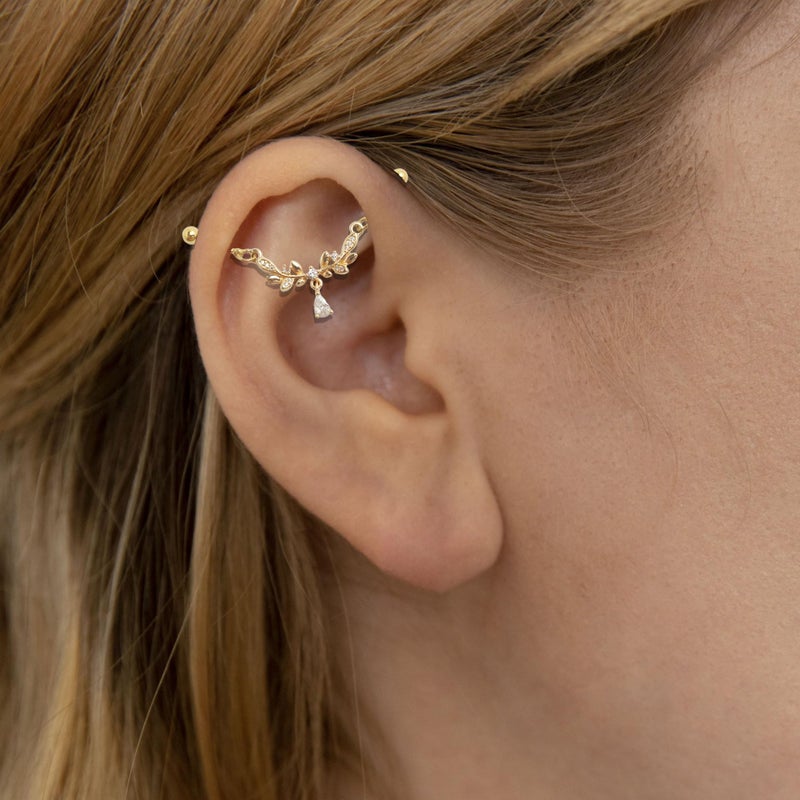 Zynova 16G CZ Leaf Chain Industrial Barbell Earrings 14K Gold Plated Industrial Piercing Jewelry Dangling Cartilage Conch Helix Barbell Earrings for Women - Image 2